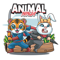 Vector Illustration of Tiger and Bunny Ninja with Cute Illustration Available for Tshirt Design