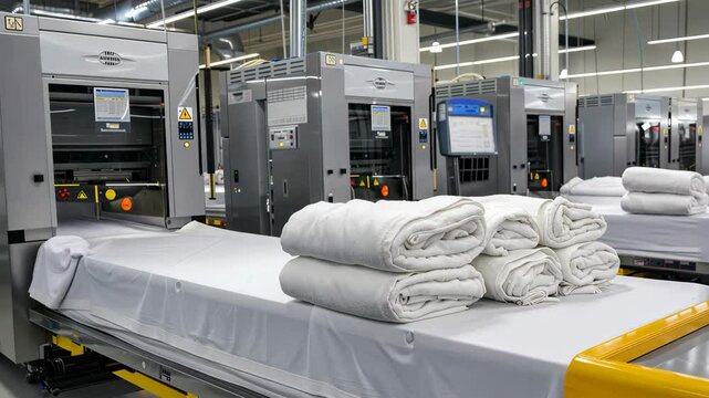 Workers efficiently use machinery to fold towels, demonstrating advanced laundry processes in a bright, organized environment