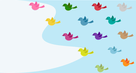 Colorful birds fly in the blue sky with white clouds. The concept of World Bird Day and Peace Day