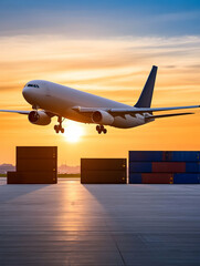 Cargo plane taking off from airport with shipping containers