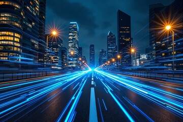 Fototapeta premium Futuristic highway with glowing blue light streaks, surrounded by illuminated skyscrapers at night. Digital speed and technology concept. Ai generative