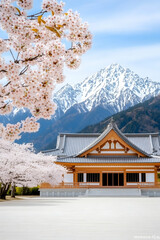Fototapeta premium Cherry blossoms bloom in front of a traditional Japanese temple, nestled in a valley with snow-capped mountains