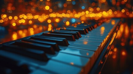 Obraz premium Piano keys in a vibrant city lights background
