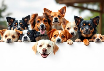 Adorable diverse dog breeds peeking over white banner, ample copy space, breeds mix, copy space
