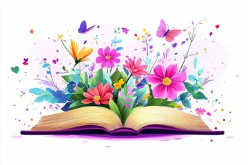 Creative floral design bursting from an open book filled with nature's beauty and colors