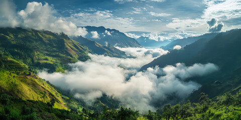 Soft Clouds Floating Above a Scenic Mountain Valley for a Dreamy and Tranquil Atmosphere