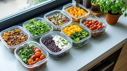 Fototapeta premium Meal prep tips for breakfast food containers in a bright kitchen overhead view natural light environment