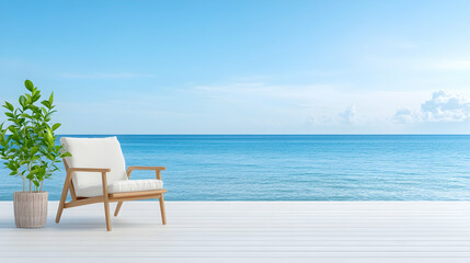 Naklejka premium Coastal Relaxation. A serene outdoor setting with a wooden chair and potted plant overlooking the ocean. Tranquil