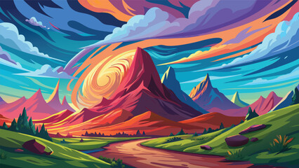 Vibrant Sunset Landscape Painting Colorful Mountains Scenic Road Artistic Illustration