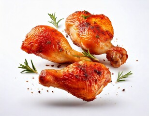 Photo of roasted chicken thigh, floating, white background