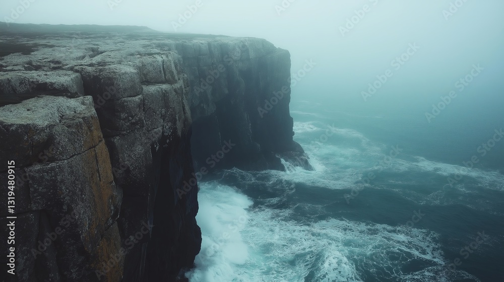 Poster a foggy coastal cliff with waves crashing against the rocks.