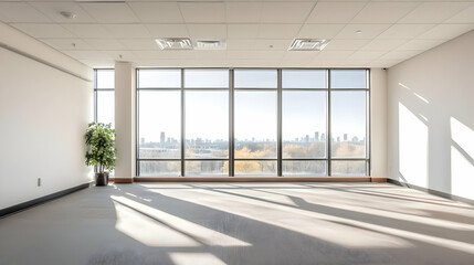 Bright Empty Office Space With Panoramic City View From Large Windows and Natural Sunlight