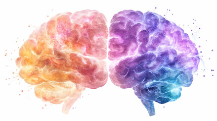 Colorful human brain illustration, divided into left and right hemispheres