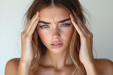 Fototapeta premium Young woman with long hair showing signs of stress, holding her head in frustration