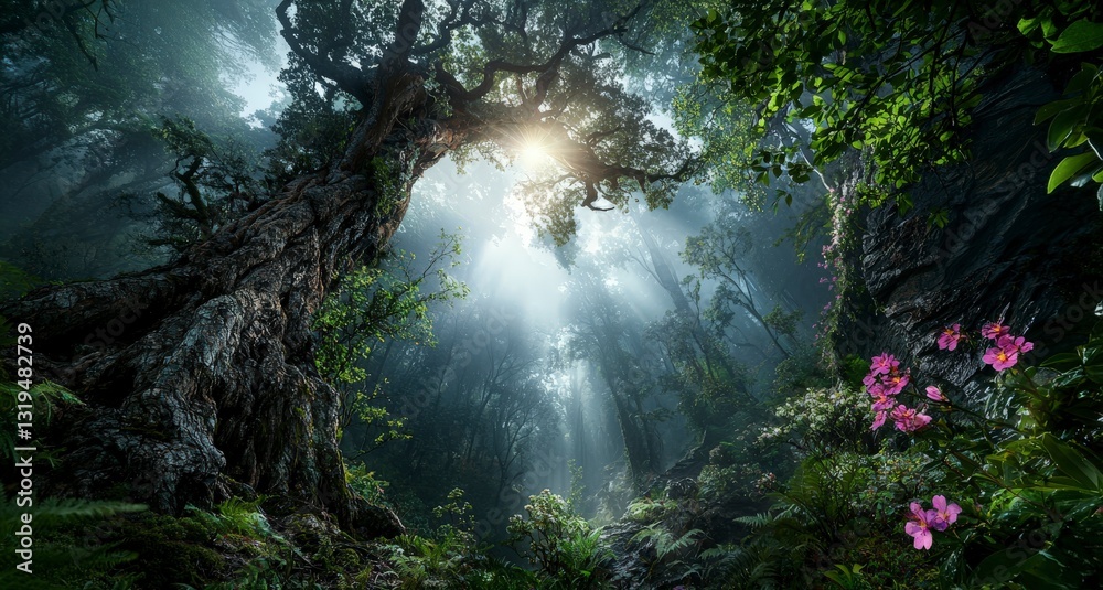 Poster dawn serenity in a lush dense forest nature scene tranquil atmosphere sunlight filtering enchanting 