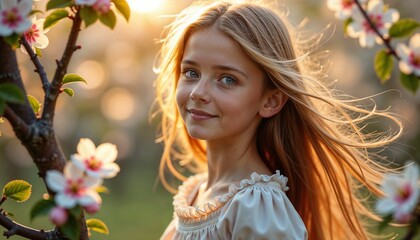 Fototapeta premium Young girl with gentle expression standing amidst blooming flowers in golden light