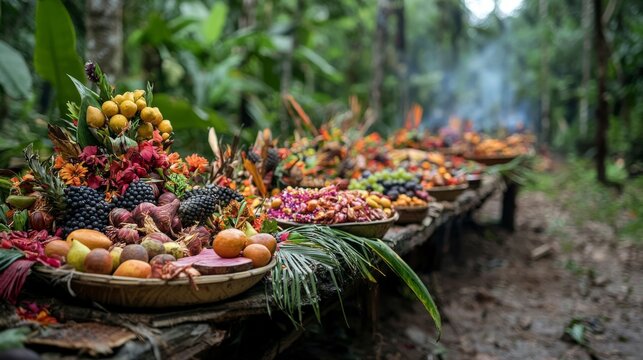 Ceremonial gathering of tribe members seeking forgiveness forest setting cultural event vibrant atmosphere