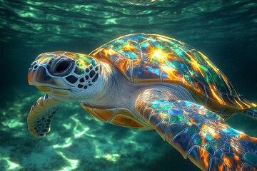 Fototapeta premium Colorful sea turtle gliding gracefully through crystal clear ocean waters