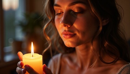 Young woman with peaceful expression holding candle in soft evening light