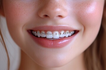 Naklejka premium Young girl with braces displaying a bright smile and healthy teeth