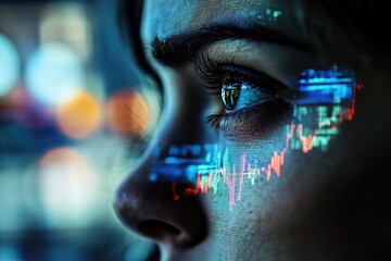 A woman's eye reflects a dynamic stock market graph, symbolizing investment, data analysis, and financial trends.