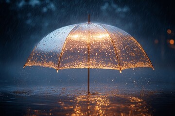 Bright umbrella glows amid heavy rain with water droplets creating a captivating atmosphere