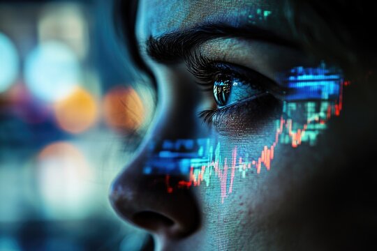 A woman's eye reflects a dynamic stock market graph, symbolizing investment, data analysis, and financial trends. - Powered by Adobe