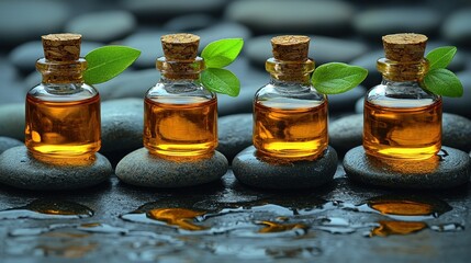 Small amber bottles with herbal leaves on dark stones