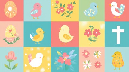 Naklejka premium Colorful Spring Pattern with Birds, Flowers, and Easter Elements