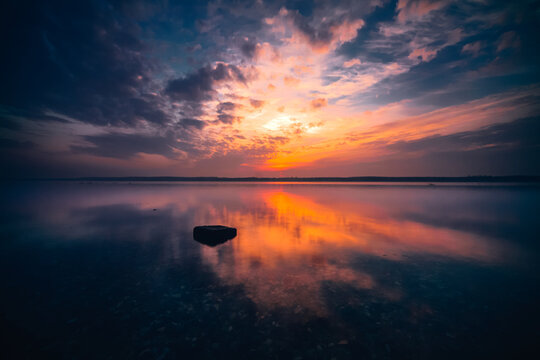 Dramatic sunset over Curonian gulf, Lithuania