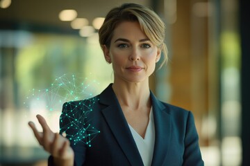 Confident businesswoman interacts with a futuristic holographic network interface, showcasing innovation and technology.