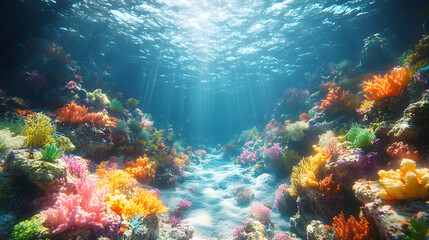 Fototapeta premium Vibrant underwater coral reef teeming with colorful marine life and sunlight filtering through water