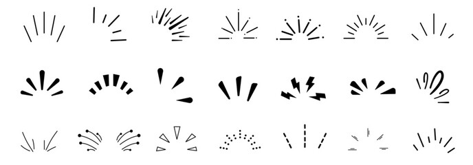 doodle sparkle vector set, sunburst, rays, starburst, hand drawn elements illustration, black lines, outline, decorative, retro style. Suitable for graphic design, illustrations, backgrounds, and web