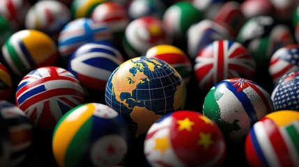 Globe centerpiece surrounded by many country-flag balls. Dark and blurred background, close-up