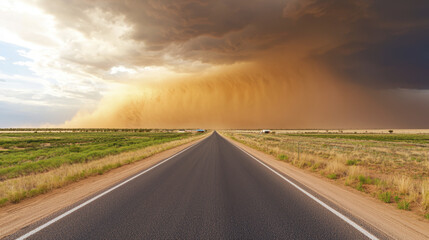 Fototapeta premium Dramatic dust storm approaching over deserted road in rural landscape