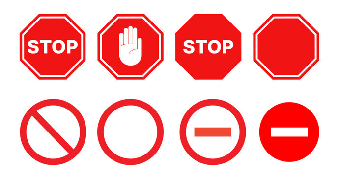 Set of Stop street icon collection. Stop hand sign with text. Red stop sign.