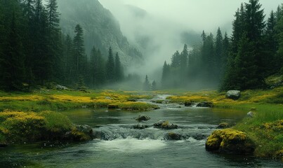 Misty mountain stream flows through yellow wildflowers.