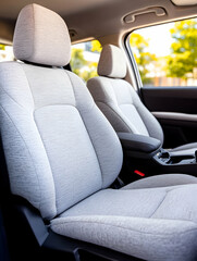 Light grey fabric car seats daytime view from passenger seat