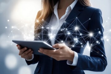 Businesswoman using tablet, digital network connection visualized, representing global connectivity and digital transformation.