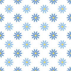 Universal seamless pattern, simple, cute, blue daisy flower. Hand drawn vector illustration. Children's print in soft pastel colors. Seamless pattern vector background. For fabrics, coatings, textiles