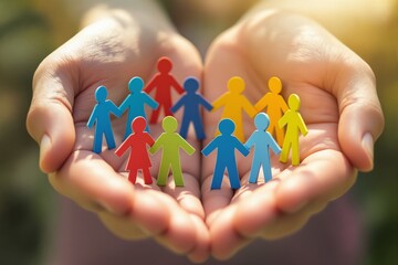 Hands holding multicolored paper cutout figures of people linked together on a blurred natural background. Concept of community, teamwork, and diversity. Ai generative