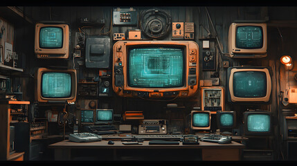 Vintage tech workspace with multiple retro monitors displaying blueprints and schematics