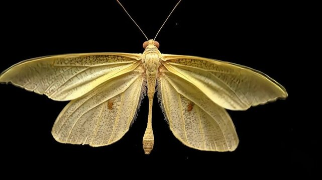 Unique yellow moth with intricate patterns resting against a black background