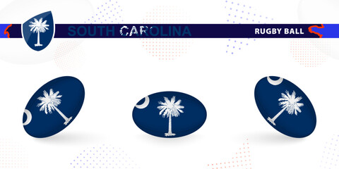 Rugby ball set with the flag of South Carolina in various angles on abstract background.