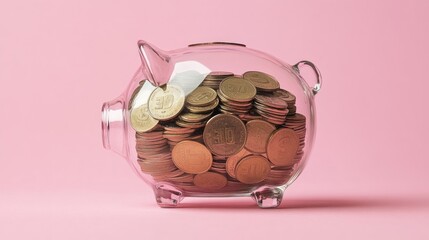 Clear Piggy Bank Filled with Coins, Pink Background