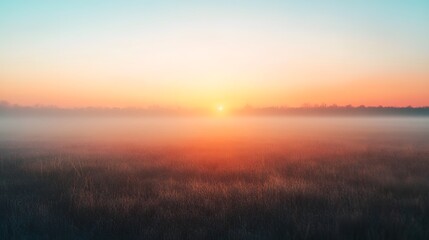 Obraz premium A beautiful sunrise over a foggy meadow in the morning