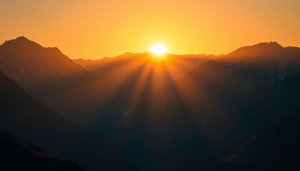 Fototapeta premium Golden sunrise bathes majestic mountain peaks in vibrant light, casting long shadows, horizon, exploration