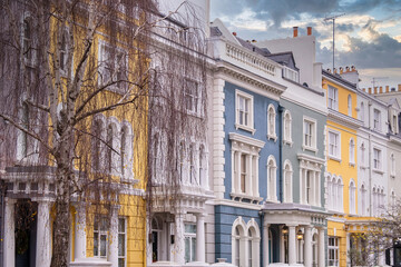 Row of multi coloured Townhouses, Notting Hill, London, England, UK