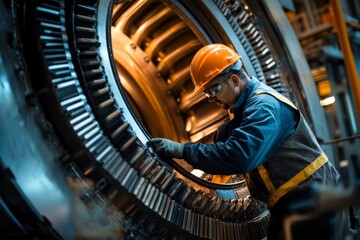 Skilled industrial worker inspects a large turbine engine inside factory
