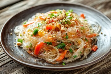 Glass noodles with sesame oil, thinly sliced vegetables, and crushed peanuts